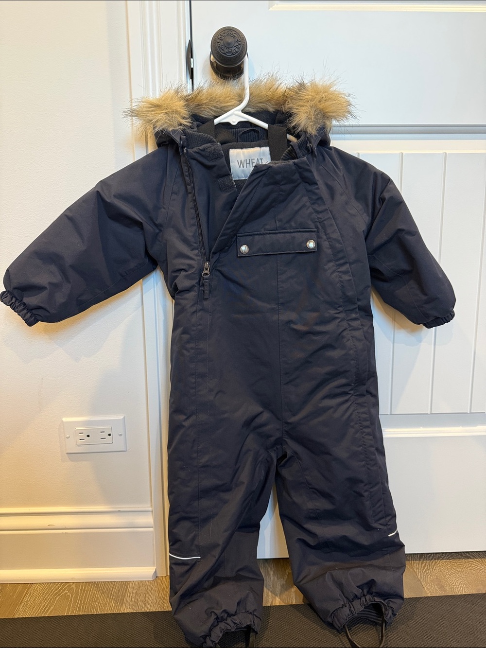 Wheat Navy Puffer Snowsuit with Faux Fur Hood - Kids